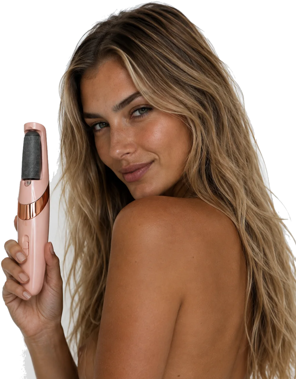 Mulher segurando o aparelho Lumea Pro, em rosa claro com faixa em rosé gold